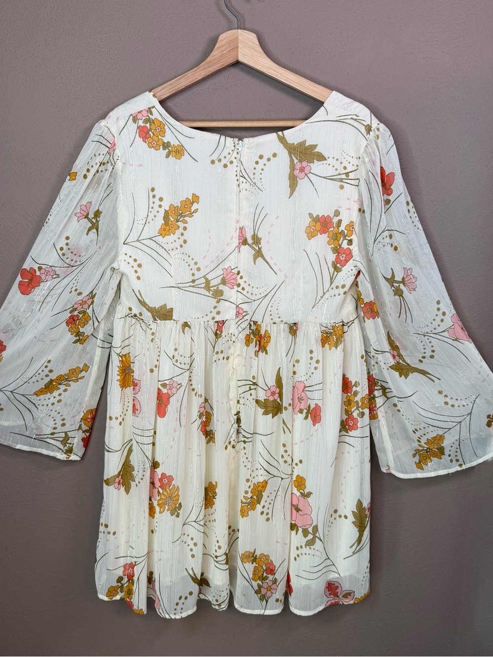 ModCloth Boho Empire Waist Flowy Floral Baby Doll Dress Bell Sleeves Size 12 - Picture 9 of 16
